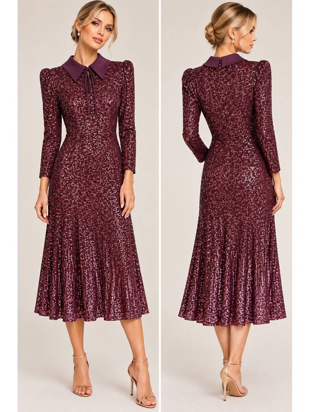 Badgley Mischka Couture Burgundy Sequin Dress Long Sleeve Statement Collar 4 - Picture 2 of 4
